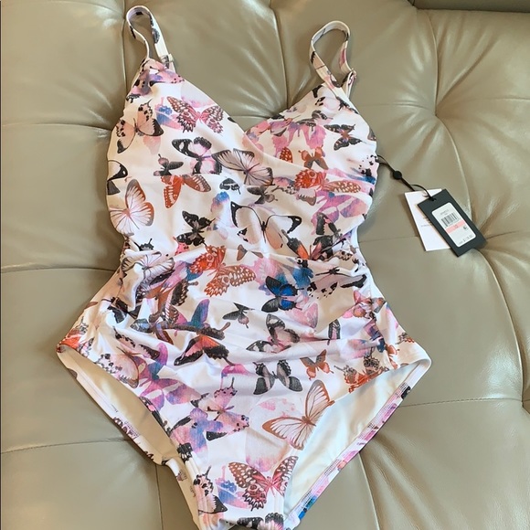DKNY Printed Surplice Ruched One-Piece Swimsuit - Picture 3 of 8